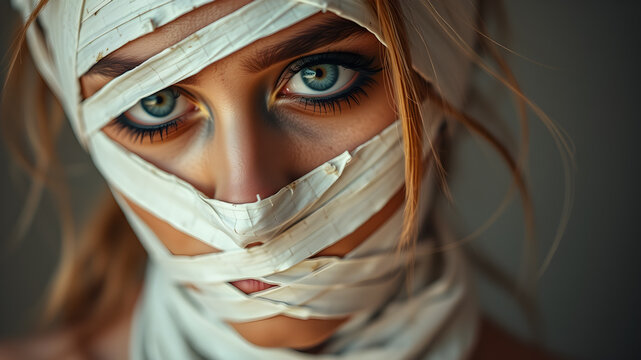 Close up of woman with Halloween mummy makeup and costume bandages. Generative AI