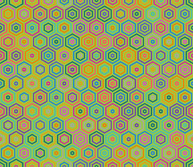 Fototapeta premium Abstract pattern of hexagon shapes. Stacked hexagon bold mosaic cell. Hexagon pattern with multiple tones color palette. Seamless and tileable vector illustration.