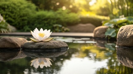 Serene Lotus Flower in Zen Garden Pond Reflecting Peace and Calm