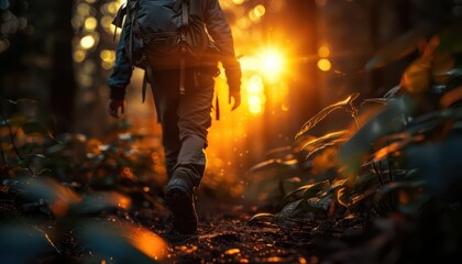 Photorealistic hiking scene, hiker with a backpack trekking through a lush forest, highresolution details, vibrant colors, lifelike textures