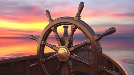ship steering wheel on the sea