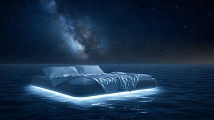 Obraz premium Modern bed floating on the ocean at night under a starry sky with the Milky Way visible