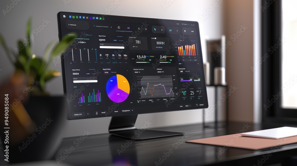 Poster modern computer showing graphs and charts on a desk in an office at home