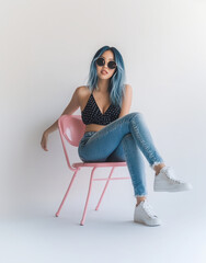 Naklejka premium Trendy woman with blue hair wearing sunglasses and casual outfit, sitting on a pink chair against a minimalist background. Copy space