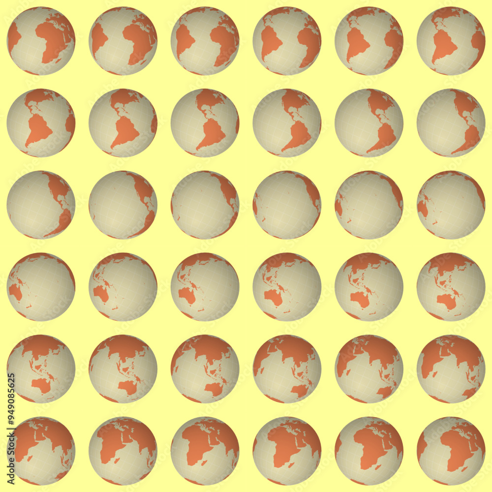 Poster collection of earth globes. tilted sphere view. rotation step 10 degrees. solid color style. world m