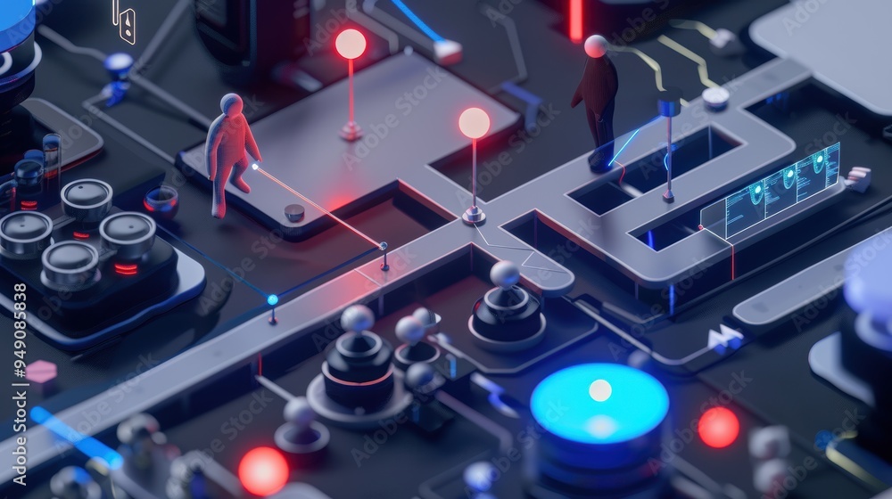 Poster two businessmen walking on circuit board with glowing lines and buttons