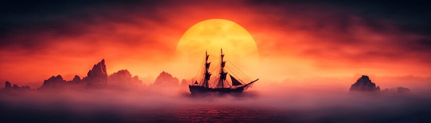 A majestic ship sailing against a vibrant sunset, casting shadows on the water and creating a serene, dramatic atmosphere.