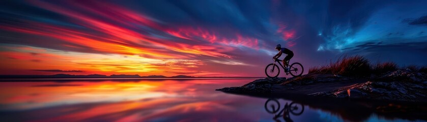 Photorealistic sunset silhouette of a cyclist riding along a hill, colorful sky reflecting on water, highresolution, rich colors, lifelike details