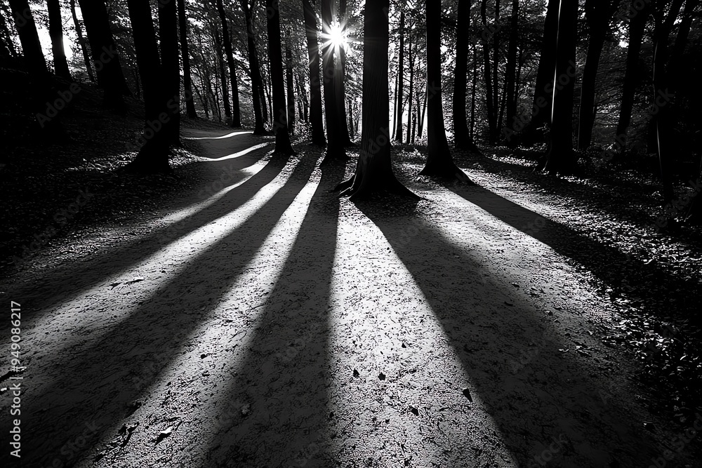 Poster hunting forest with the interplay of light and dark, illustrated with deep shadows and bright shafts