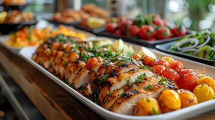 A white plate with a variety of food items including chicken, tomatoes