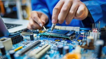 Electronics engineer repairing circuit board using soldering iron