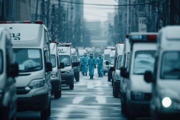 Medical personnel in protective gear navigate a street lined with ambulances at a crowded hospital focusing on patient care. Generative AI