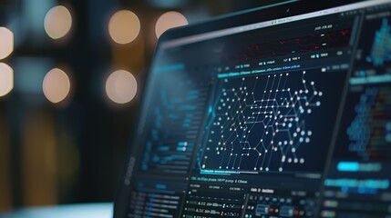 Laptop showing complex network data analysis and statistics displaying on screen