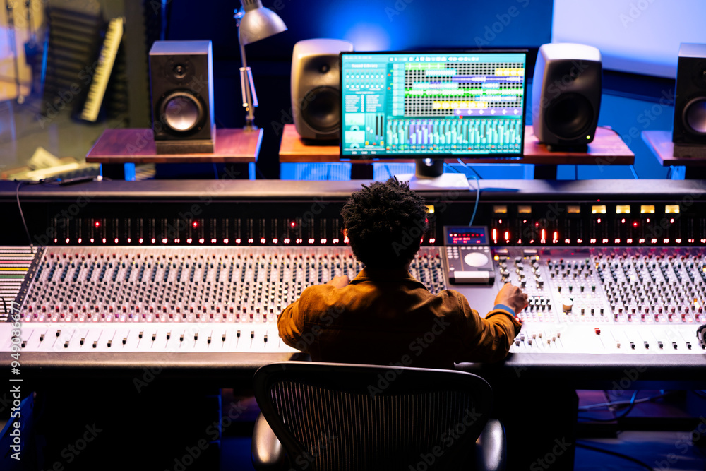 Poster Joyful sound designer finishing a new hit song in music recording studio, working with digital audio software and console in control room. Technician producing records with soundboard panel.