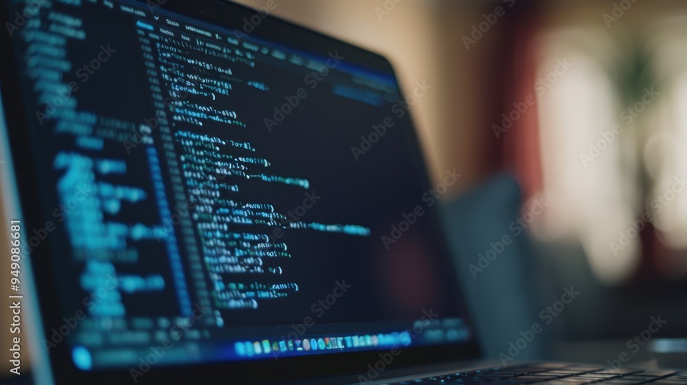 Aufkleber modern laptop displaying lines of code in a blurred office environment