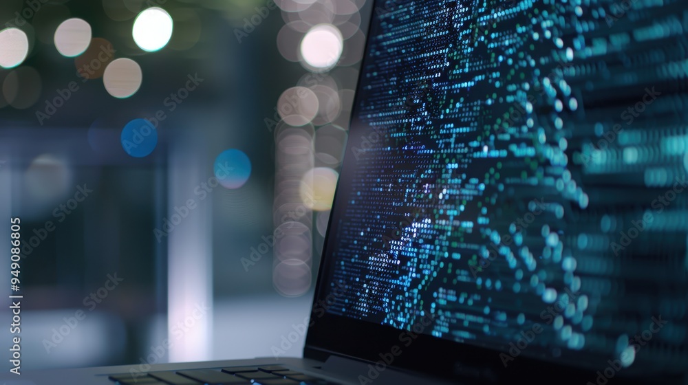 Poster laptop showing running code in front of city lights bokeh at night