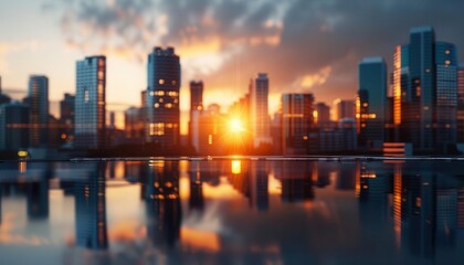 Fototapeta premium Photorealistic urban skyline at sunrise, modern buildings with a soft golden glow, clear sky, highdefinition, vivid colors, hyperdetailed textures