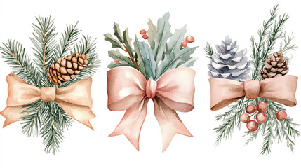 Fototapeta premium Boho Christmas ribbon clipart, with tribal designs, watercolor illustration, soft pastel colors, isolated on white background