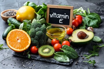 Selection of foods rich in vitamin E with a chalkboard sign on a dark background. Healthy nutrition concept.