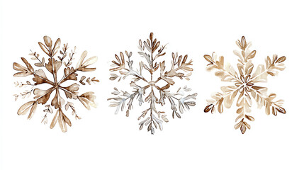 Boho Christmas snowflake clipart, with intricate designs, watercolor illustration, soft neutral colors, isolated on white background