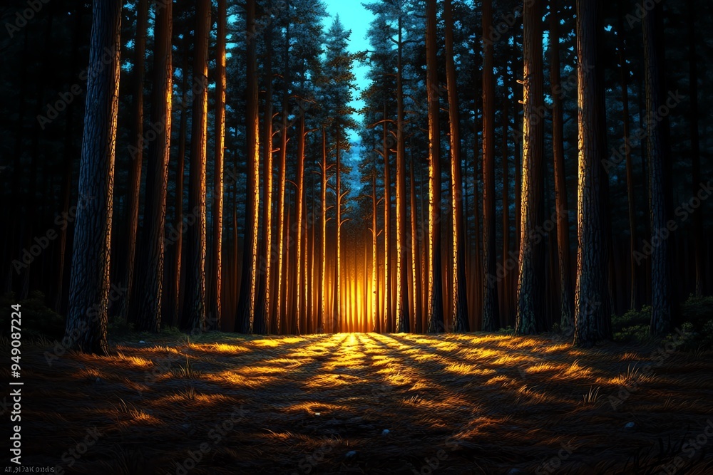 Aufkleber hunting forest with the quiet of dawn, depicted in an artwork where the first light of day brings a 