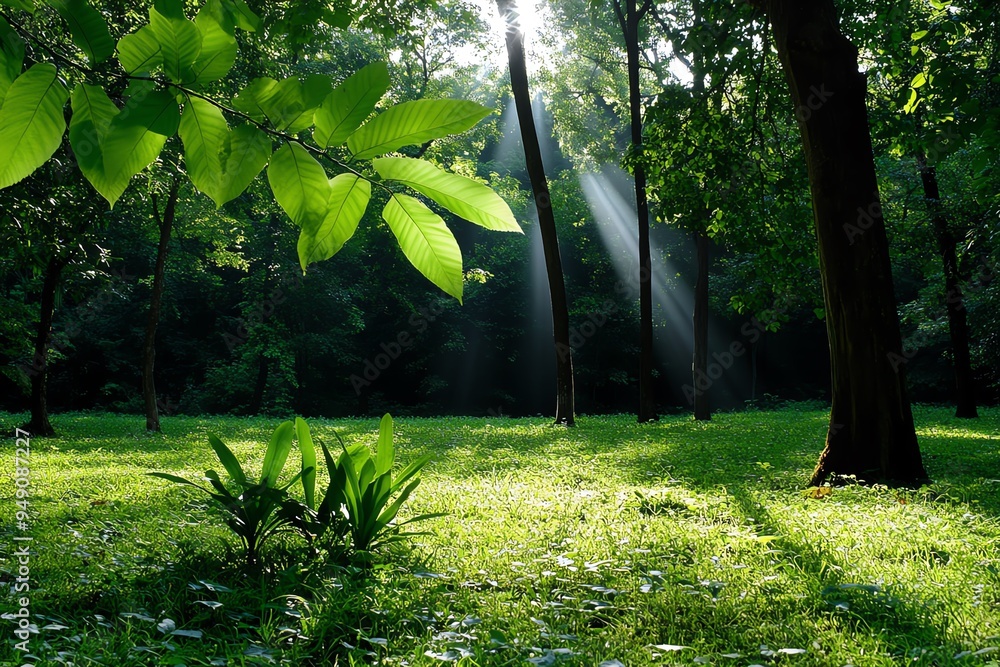 Poster hunting forest with the interplay of light and dark, illustrated with deep shadows and bright shafts