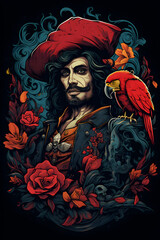 vintage illustrated pirate with a parrot, pirate with parrot