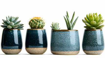 Succulents in Blue Ceramic Pots on White Background