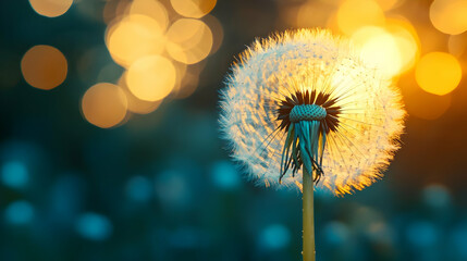 Dandelion Seeds at Sunset with Bokeh Lights