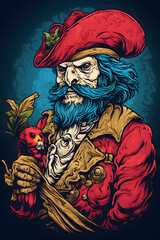 Obraz premium vintage illustrated pirate with a parrot, pirate with parrot