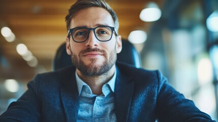 Young professional man sitting in modern office during daylight