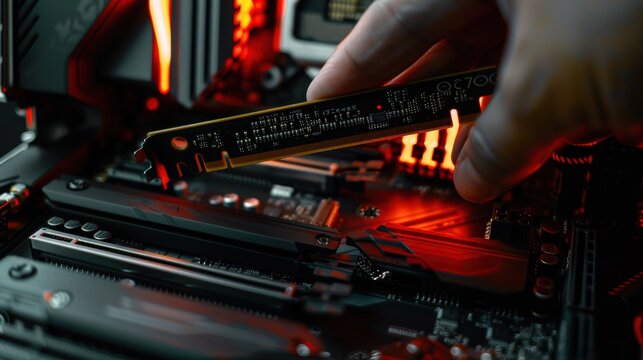 Technician installing ram memory module into gaming motherboard