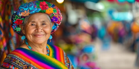 Fototapeta premium Elderly woman wearing traditional clothing with a bright smile at a market. Cultural heritage and joy concept.