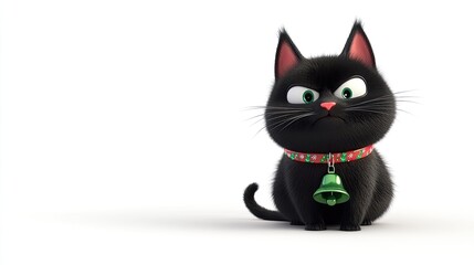 A playful black cat with a green collar sitting confidently on a white surface, showcasing its curious expression and personality