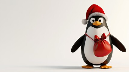 Fototapeta premium A cheerful penguin dressed in a Santa hat holding a gift bag ready for the holiday season in a festive atmosphere