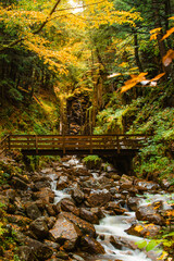Autumn Scenic Forest Trail Flume Gorge Franconia Notch State Park New Hampshire. Wooden Bridge Over Cascading River Rocks. Fall Foliage Season