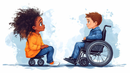 Young girl and boy in wheelchairs looking at each other