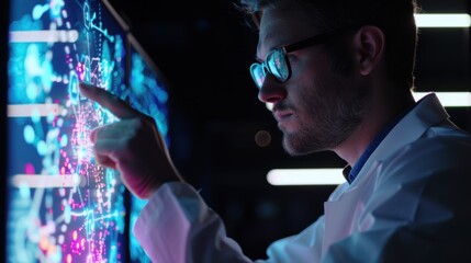 Scientist working with big data on transparent touchscreen display in laboratory