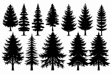 Pine Trres vector trees set. Tree icons are set in a modern flat style. Vector silhouette, graphic trees elements and landscape