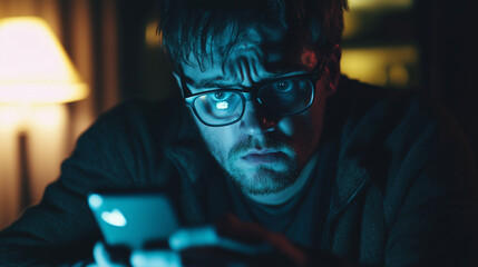 A man looks at his cellphone, he is clearly distressed and disturbed by something. Perhaps he is being blackmailed, revenge porn, cyberstalking. Wide landscape format 16:9 with copy space. 