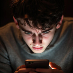 A teenage boy stares, fixated, at his cellphone, looking concerned or distressed. Wide landscape format 16:9 with space for copy.