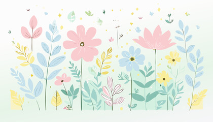 Botanical flowers, leaves. Soft color botanic background. Soft color flowers. Pastel tones botanical.