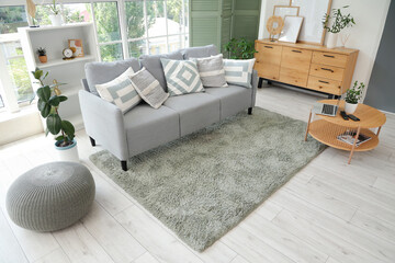 Interior of living room with sofa, drawers and green folding screen