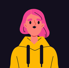 Trendy user avatar. Portrait of woman in casual yellow clothes. Beauty, aesthetics and elegance. Profile in social networks and messengers. Flat vector illustration isolated on black background