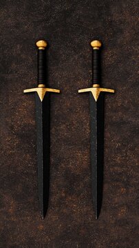 Fototapeta A pair of elegant swords with golden accents resting on a textured background, ideal for themes of battle or fantasy.