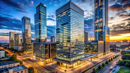 Obraz premium Modern high-rise hotel exterior with sleek glass and steel façade, set amidst vibrant cityscape, reflecting the cosmopolitan essence of Warsaw's urban landscape.