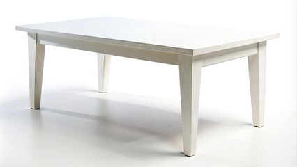 Modern minimalist white wooden coffee table stands isolated on a pure white background, featuring clean lines, simple legs, and a smooth, empty surface.