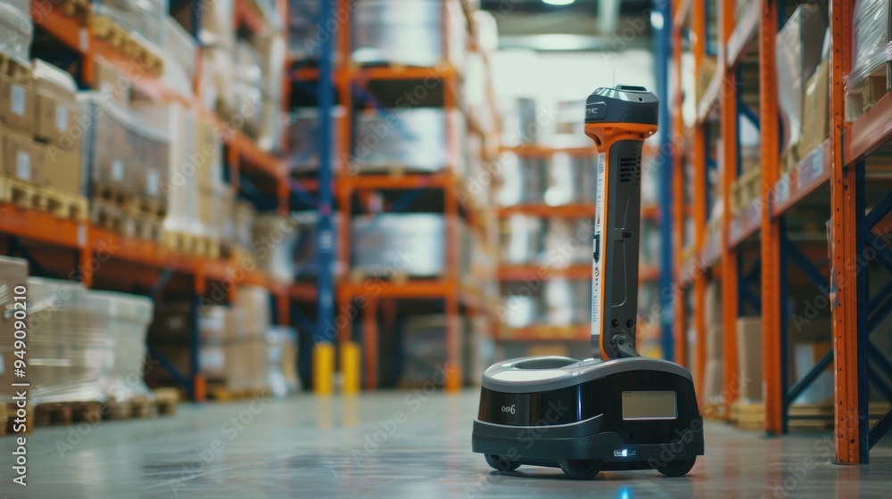 Poster autonomous mobile robot is scanning barcodes on boxes in a large warehouse