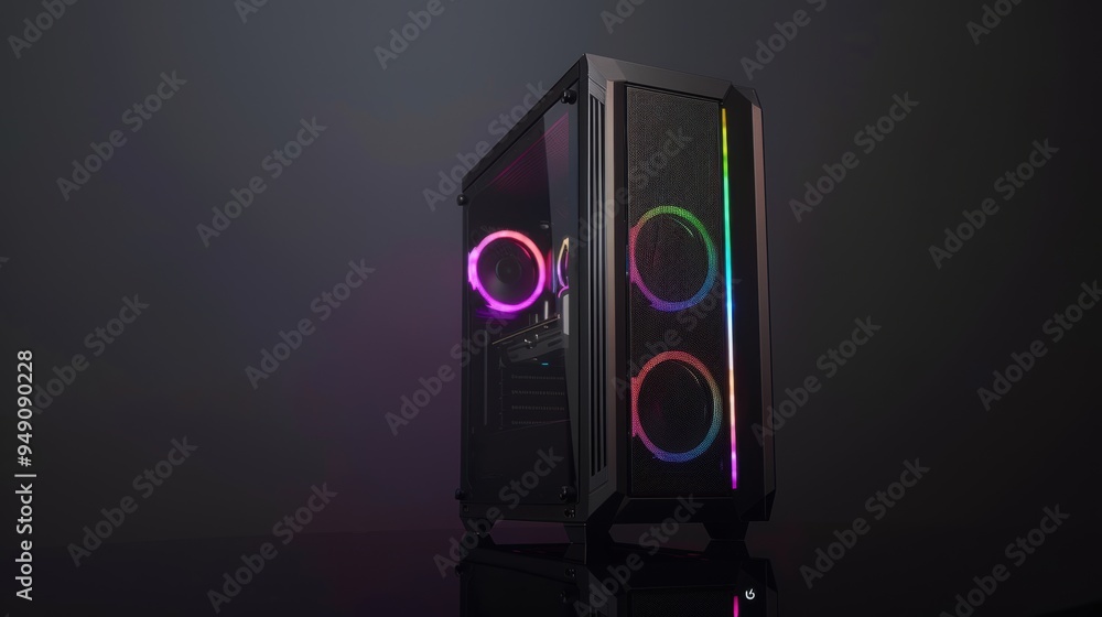 Poster modern rgb gaming computer case standing on glass with reflection