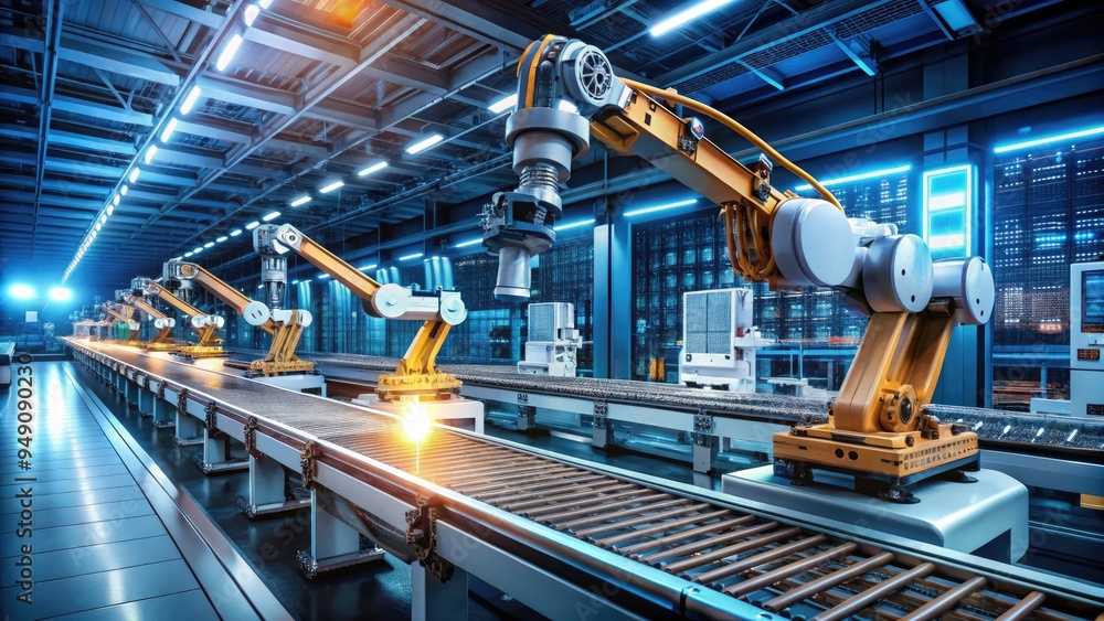 Poster modern robotic arm assembles circuit boards on a futuristic production line, surrounded by glowing s